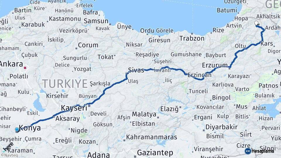 Konya Şavşat Artvin Arası Kaç Km - Yol Haritası