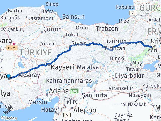 Konya Selçuklu Ağrı Arası Kaç Km - Yol Haritası