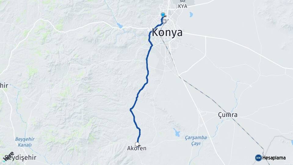 Konya Selçuklu Akören Arası Kaç Km - Yol Haritası