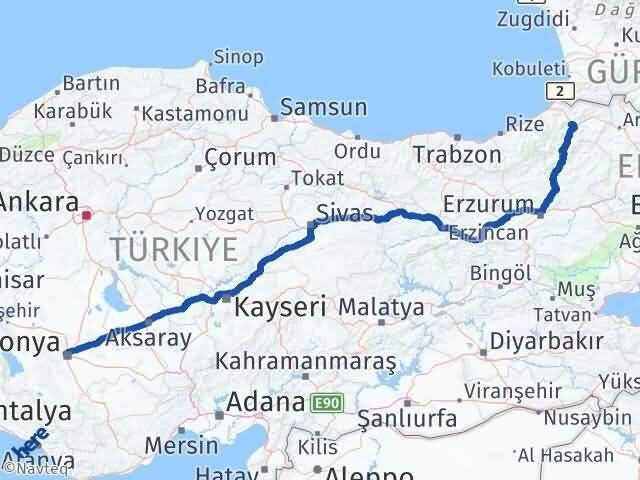 Konya Selçuklu Artvin Arası Kaç Km - Yol Haritası
