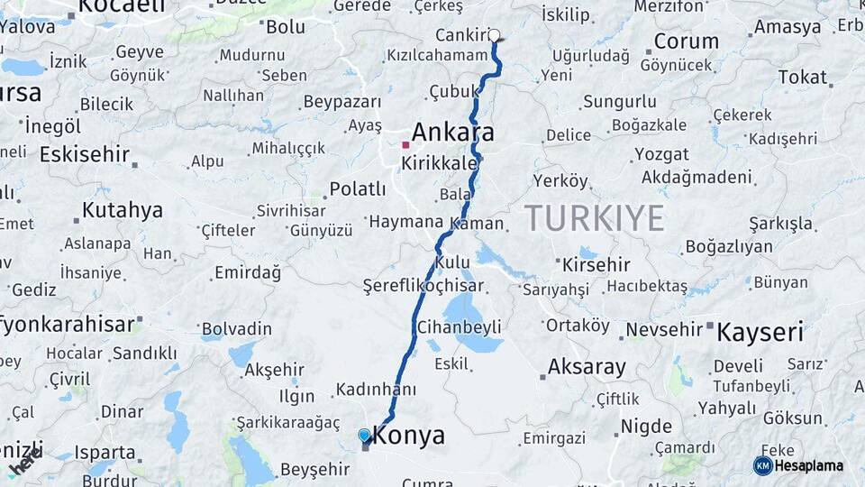 Konya Selçuklu Çankırı Arası Kaç Km - Yol Haritası