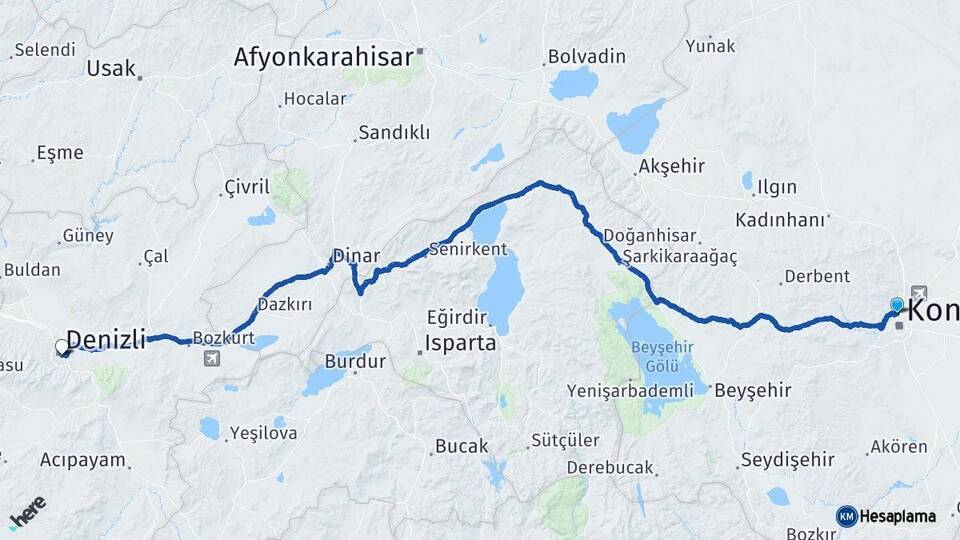 Konya Selçuklu Denizli Arası Kaç Km - Yol Haritası