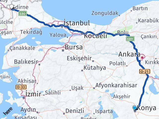 Konya Selçuklu Edirne Arası Kaç Km - Yol Haritası