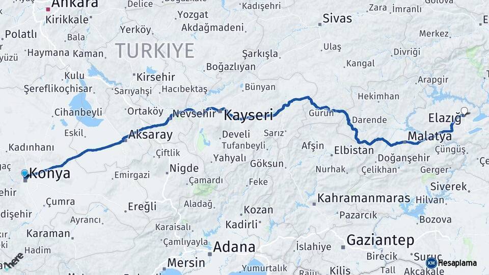 Konya Selçuklu Elazığ Arası Kaç Km - Yol Haritası