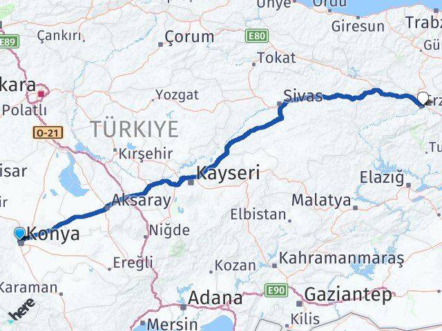 Konya Selçuklu Erzincan Arası Kaç Km - Yol Haritası
