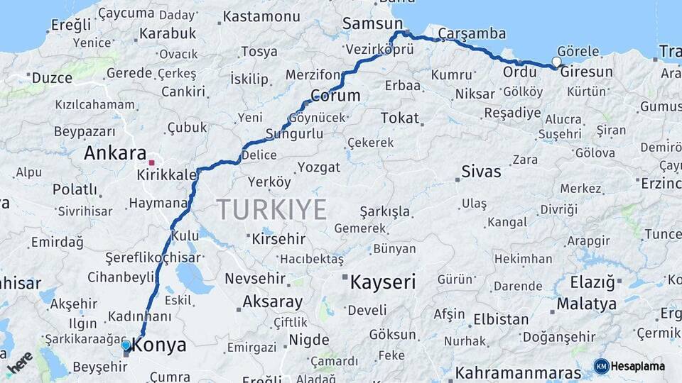 Konya Selçuklu Giresun Arası Kaç Km - Yol Haritası
