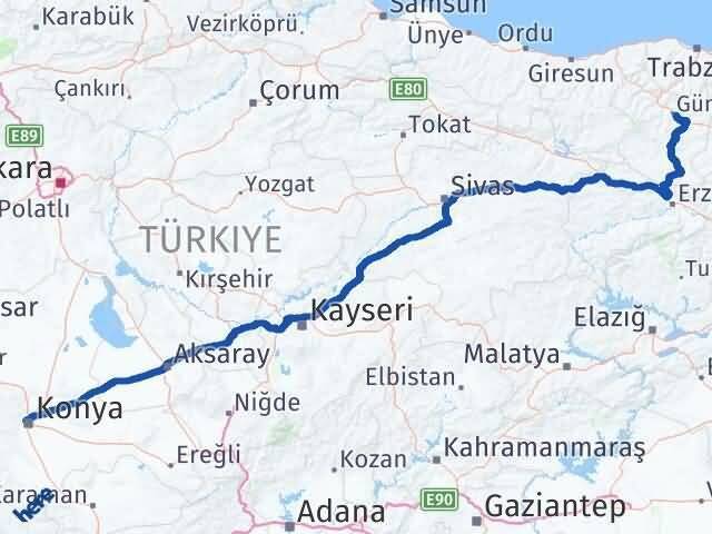 Konya Selçuklu Gümüşhane Arası Kaç Km - Yol Haritası
