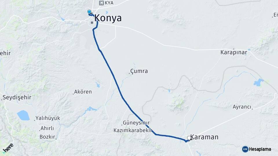 Konya Selçuklu Karaman Arası Kaç Km - Yol Haritası