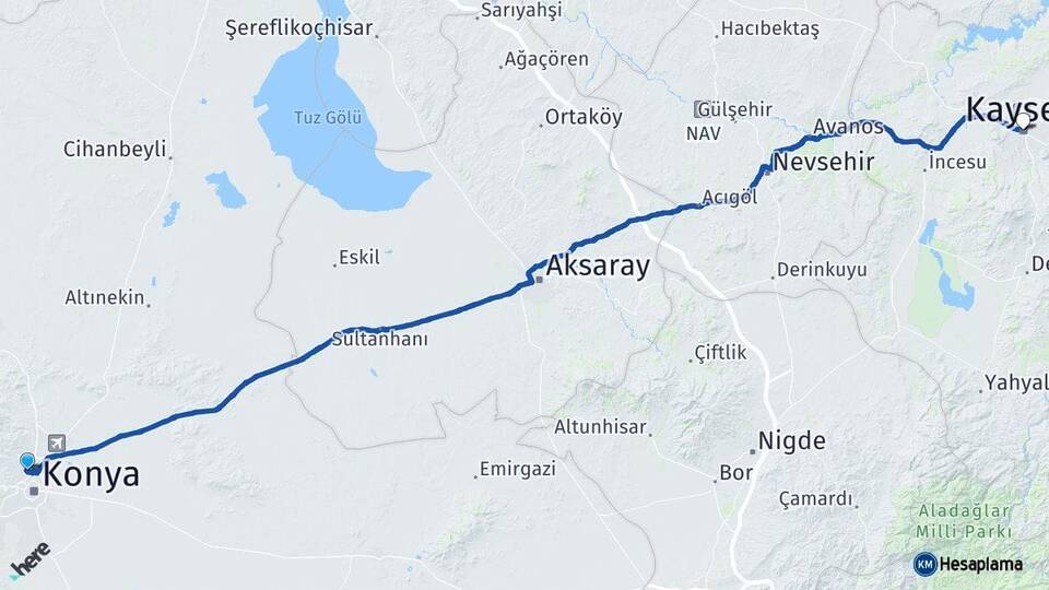 Konya Selçuklu Kayseri Arası Kaç Km - Yol Haritası