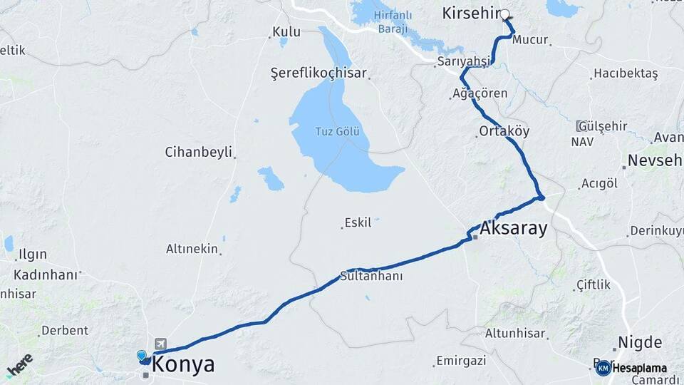 Konya Selçuklu Kırşehir Arası Kaç Km - Yol Haritası