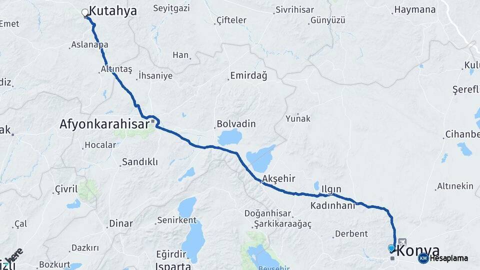 Konya Selçuklu Kütahya Arası Kaç Km - Yol Haritası