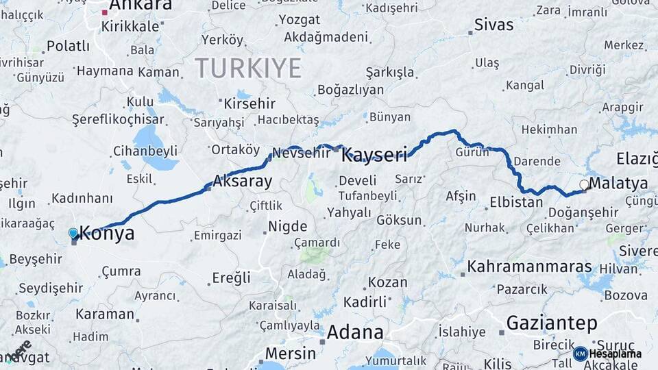 Konya Selçuklu Malatya Arası Kaç Km - Yol Haritası