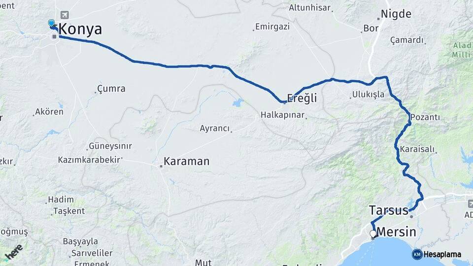 Konya Selçuklu Mersin Arası Kaç Km - Yol Haritası