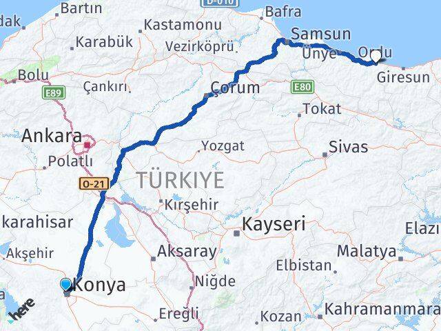 Konya Selçuklu Ordu Arası Kaç Km - Yol Haritası
