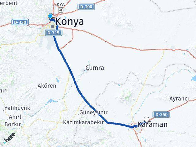 Konya Selçuklu Organize Sanayii Bölgesi Karaman Arası Kaç Km - Yol Haritası