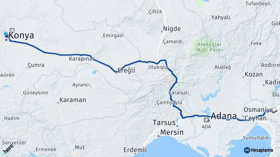 Konya Selçuklu Osmaniye Arası Kaç Km - Yol Haritası