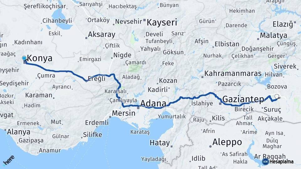 Konya Selçuklu Şanlıurfa Arası Kaç Km - Yol Haritası
