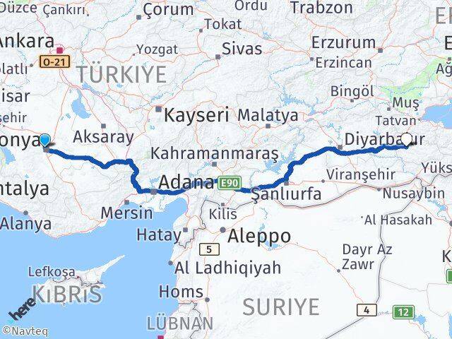 Konya Selçuklu Siirt Arası Kaç Km - Yol Haritası