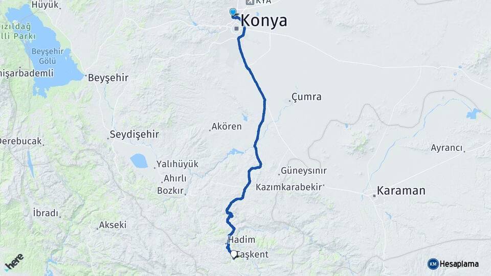 Konya Selçuklu Taşkent Arası Kaç Km - Yol Haritası