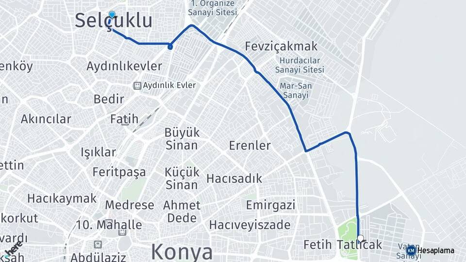 Konya Selçuklu Tatlıcak Karatay Arası Kaç Km - Yol Haritası