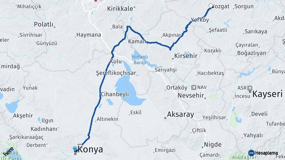 Konya Selçuklu Yozgat Arası Kaç Km - Yol Haritası