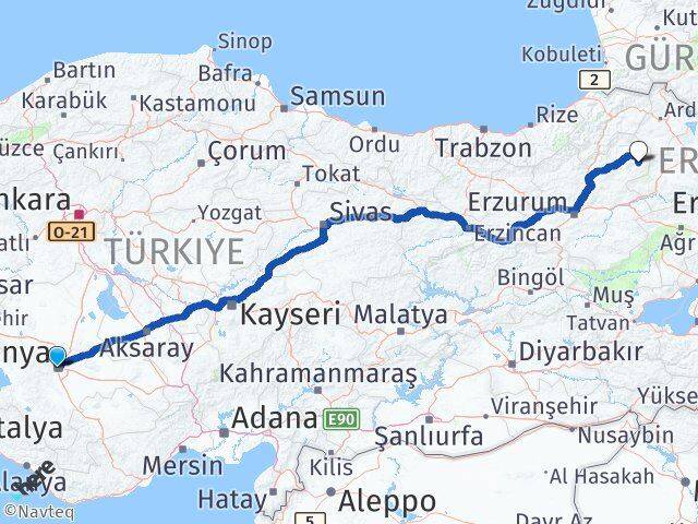 Konya Şenkaya Erzurum Arası Kaç Km - Yol Haritası