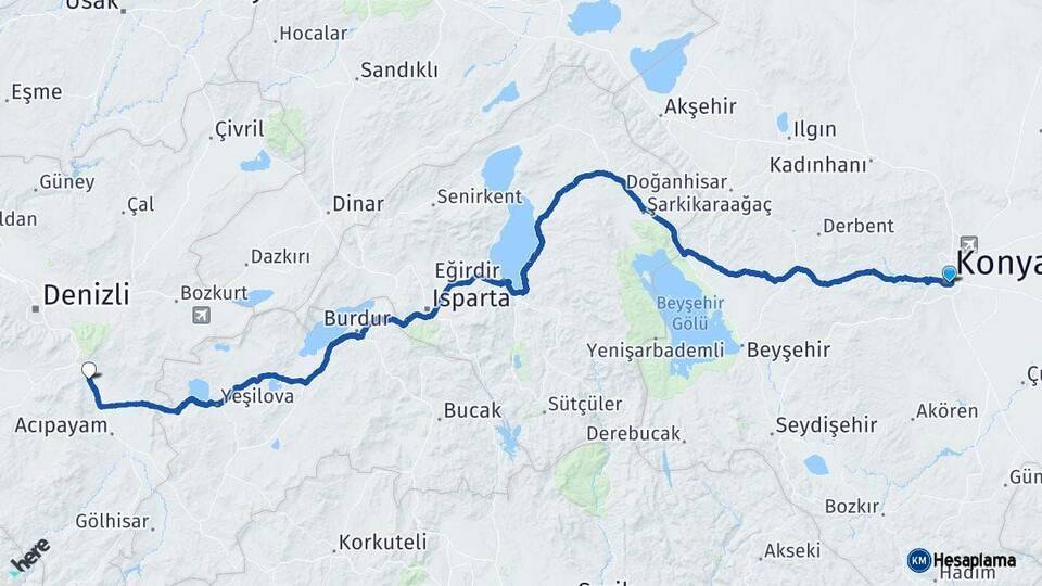 Konya Serinhisar Denizli Arası Kaç Km - Yol Haritası