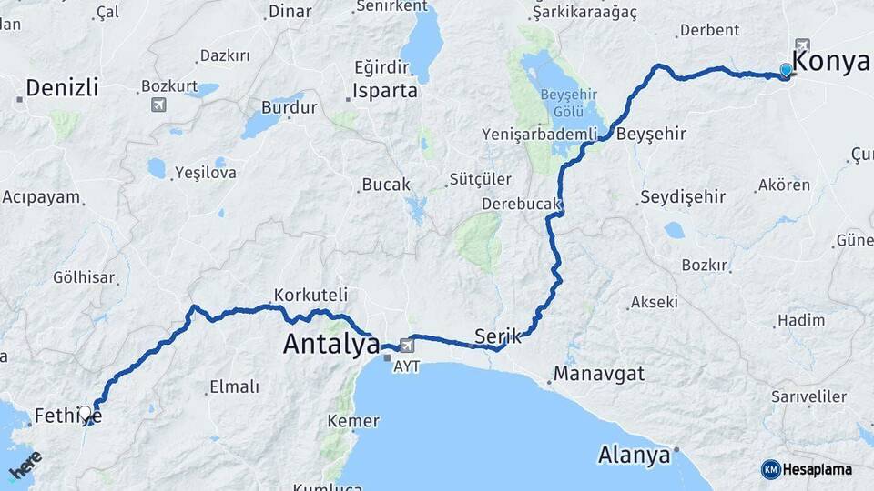Konya Seydikemer Muğla Arası Kaç Km - Yol Haritası