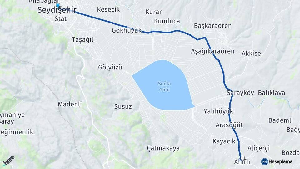 Konya Seydişehir Ahırlı Arası Kaç Km - Yol Haritası