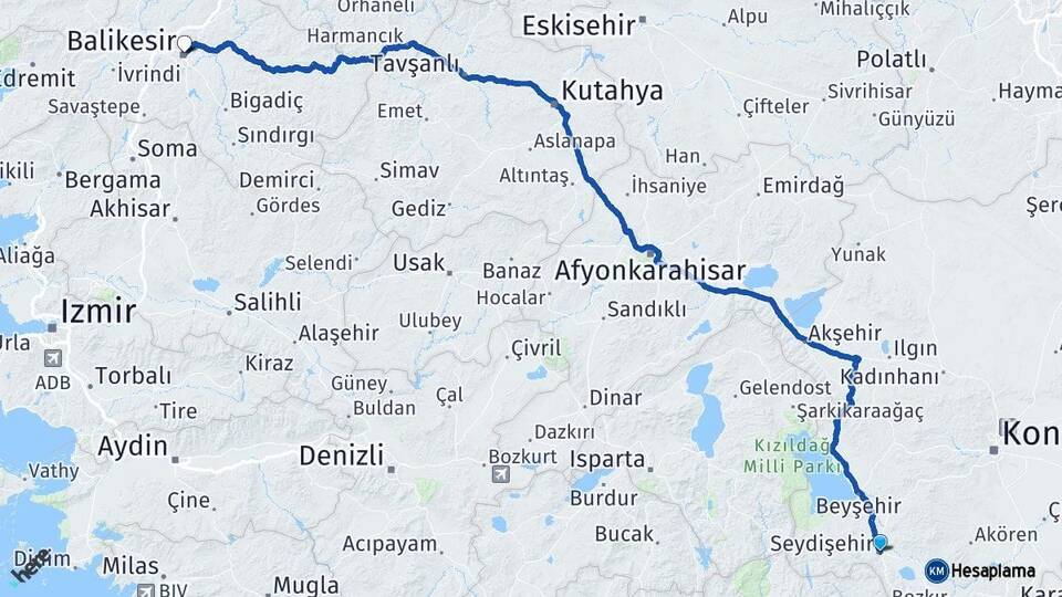 Konya Seydişehir Balıkesir Arası Kaç Km - Yol Haritası