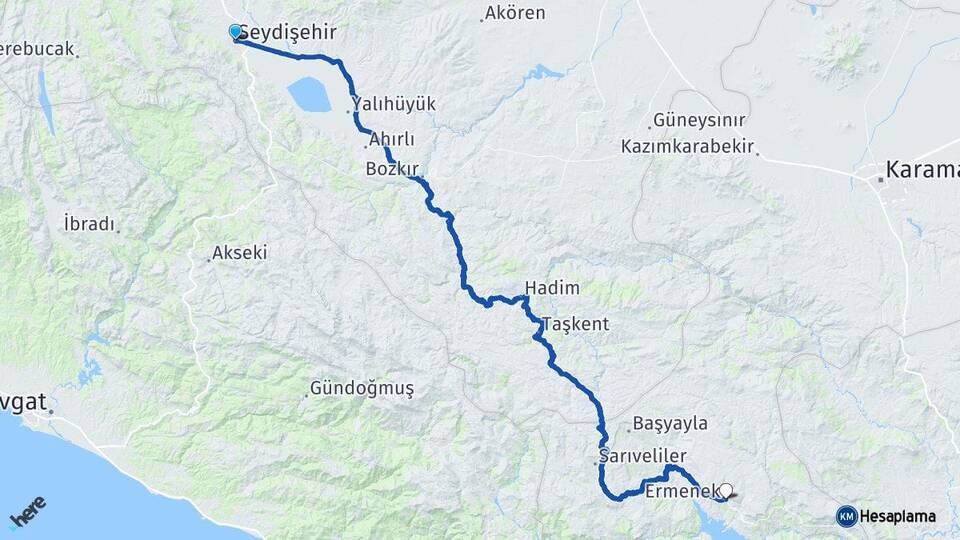 Konya Seydişehir Ermenek Karaman Arası Kaç Km - Yol Haritası