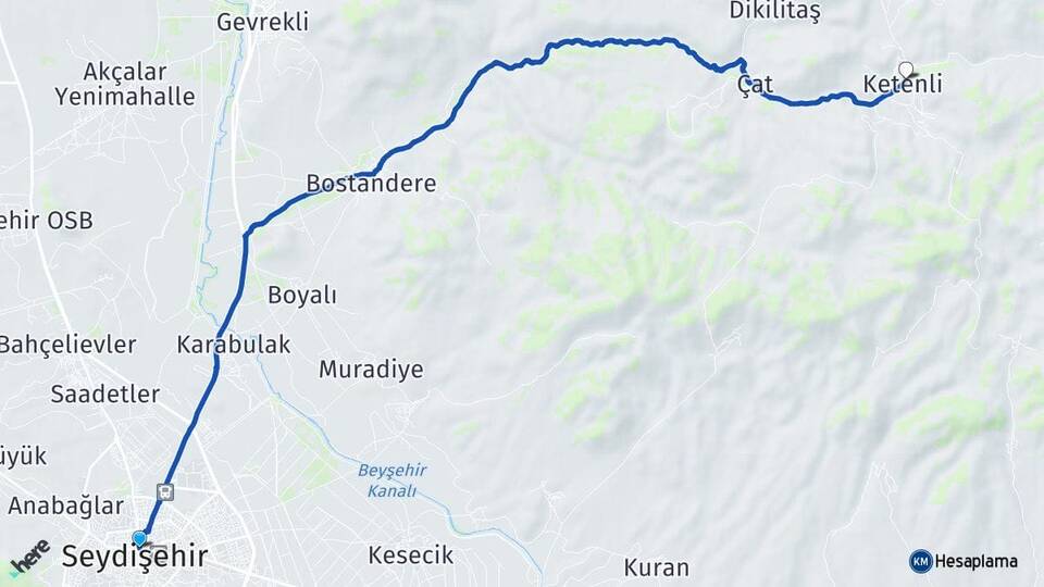 Konya Seydişehir Ketenli Seydişehir Arası Kaç Km - Yol Haritası