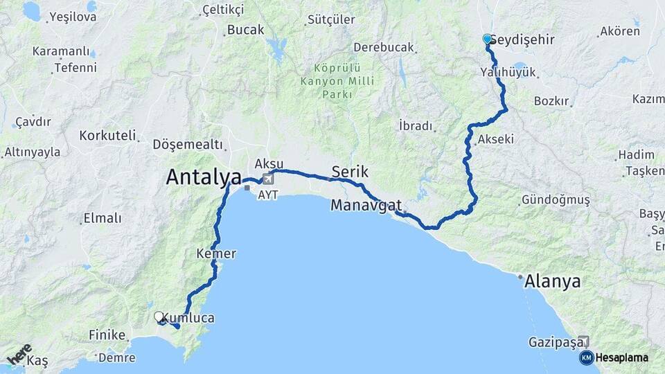 Konya Seydişehir Kumluca Antalya Arası Kaç Km - Yol Haritası