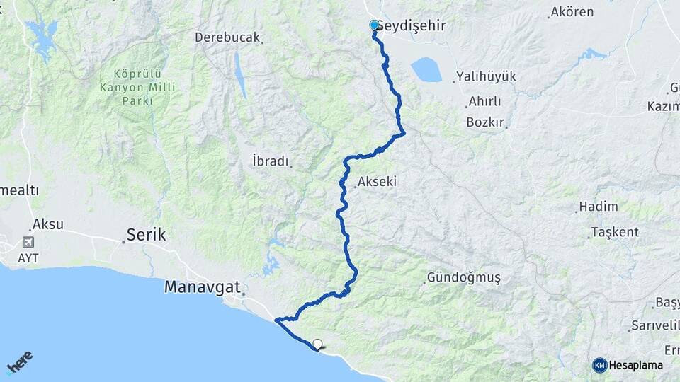 Konya Seydişehir Okurcalar Alanya Antalya Arası Kaç Km - Yol Haritası