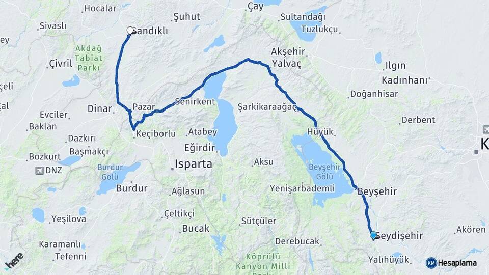 Konya Seydişehir Sandıklı Afyonkarahisar Arası Kaç Km - Yol Haritası