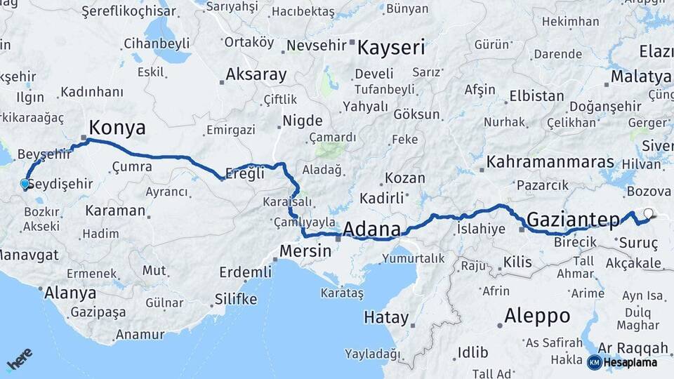 Konya Seydişehir Şanlıurfa Arası Kaç Km - Yol Haritası