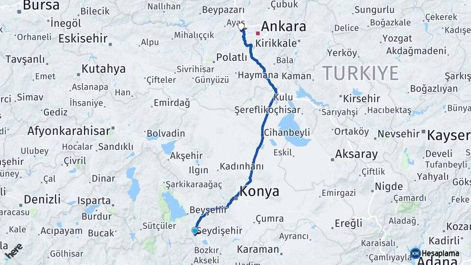 Konya Seydişehir Sincan Ankara Arası Kaç Km - Yol Haritası