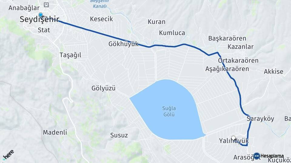 Konya Seydişehir Yalıhüyük Arası Kaç Km - Yol Haritası