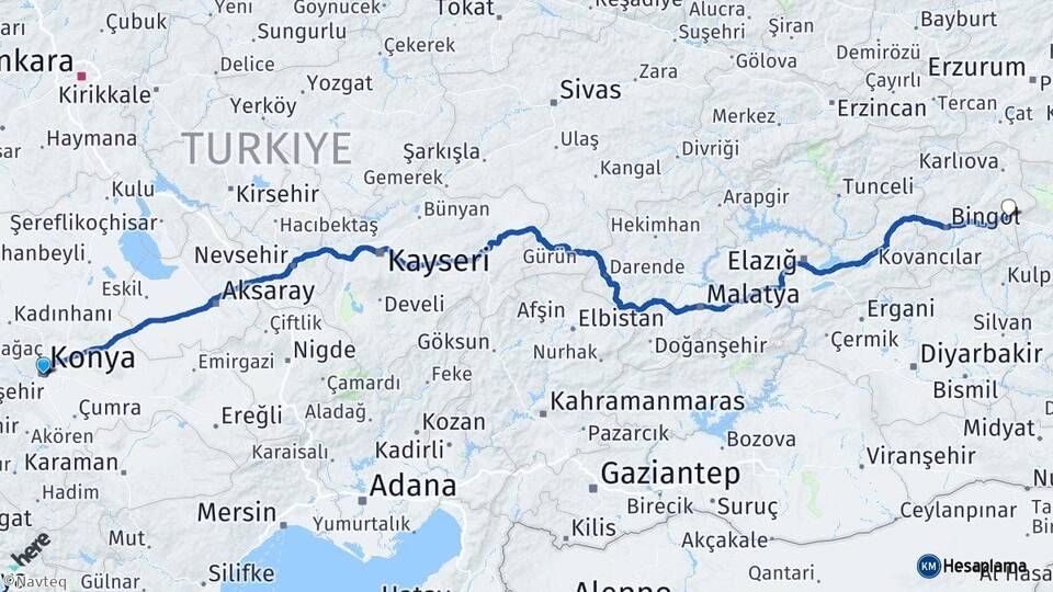 Konya Solhan Bingöl Arası Kaç Km - Yol Haritası
