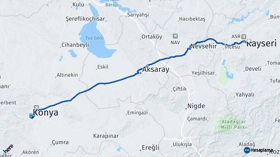 Konya Talas Kayseri Arası Kaç Km - Yol Haritası