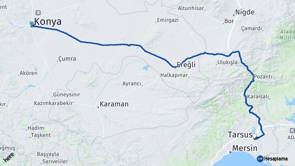 Konya Tarsus Mersin Arası Kaç Km - Yol Haritası