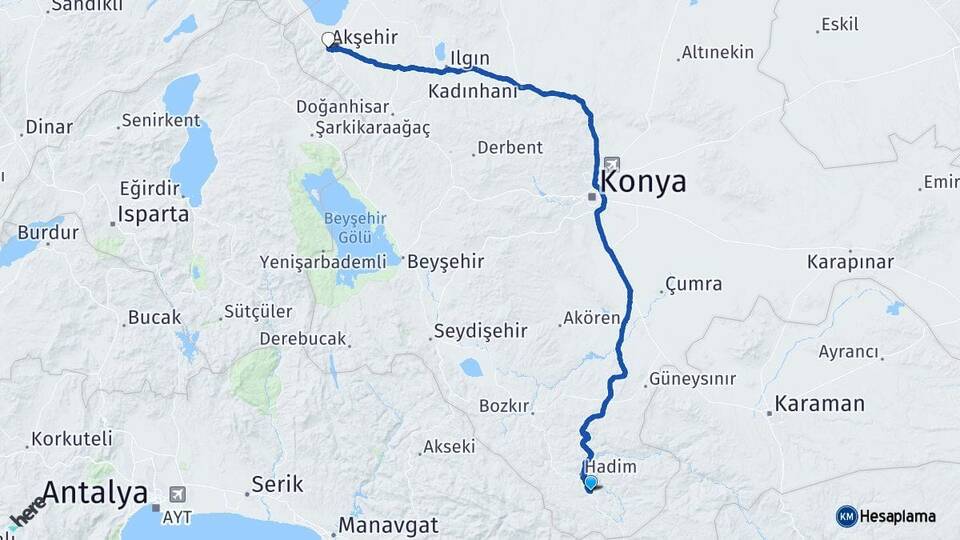 Konya Taşkent Akşehir Arası Kaç Km - Yol Haritası