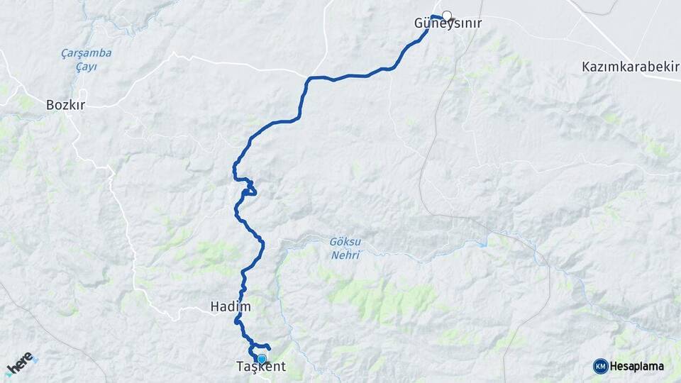 Konya Taşkent Güneysınır Arası Kaç Km - Yol Haritası