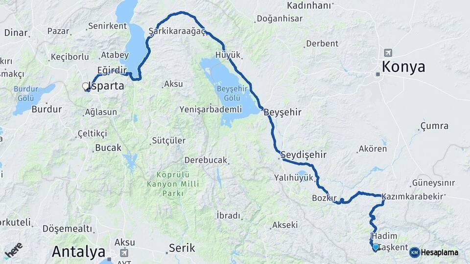 Konya Taşkent Isparta Arası Kaç Saat? Yol Haritası, Yakıt, Rota ve Mesafe Hesaplama Konya Taşkent Isparta Arası Kaç Km? Kaç Saat? Yol Haritası