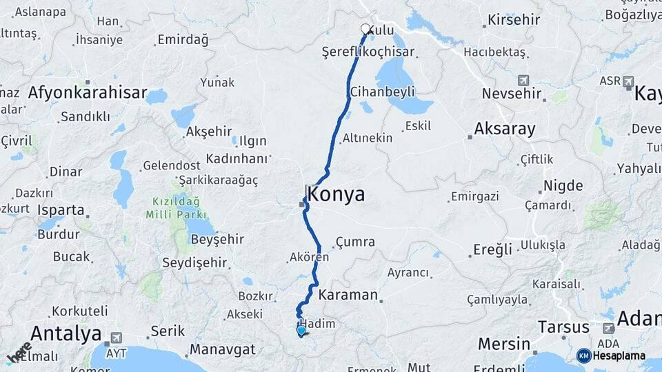 Konya Taşkent Kulu Arası Kaç Km - Yol Haritası