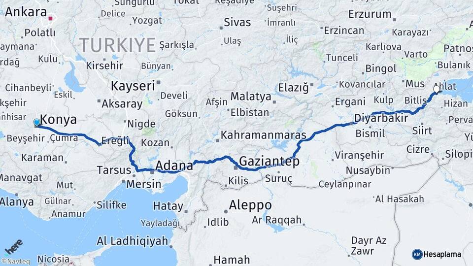 Konya Tatvan Bitlis Arası Kaç Km - Yol Haritası