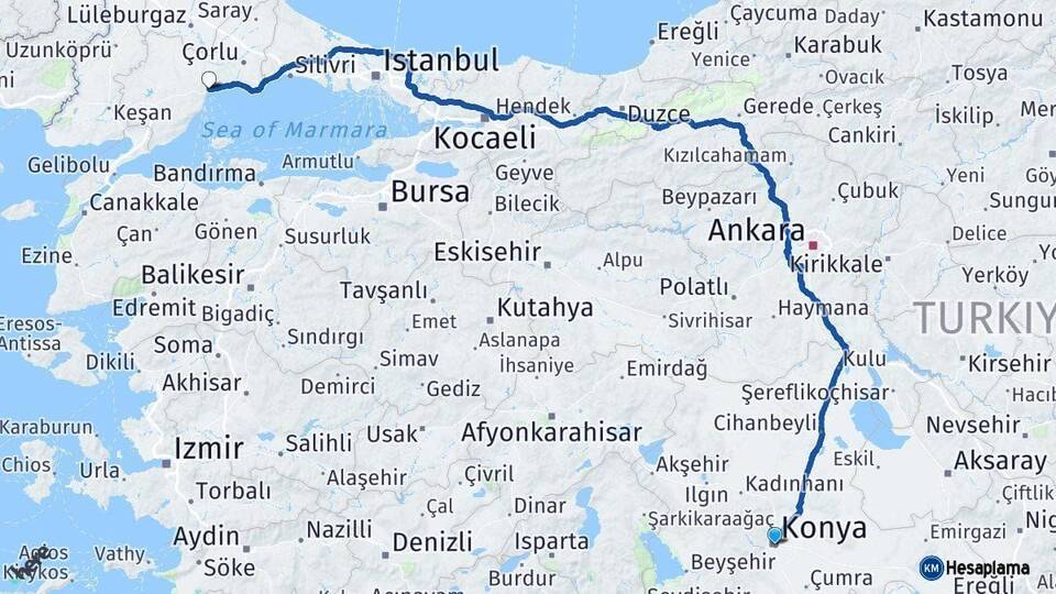 Konya Tekirdağ Arası Kaç Km - Yol Haritası