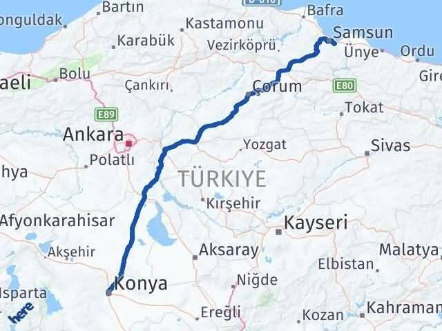 Konya Tekkeköy Samsun Arası Kaç Km - Yol Haritası