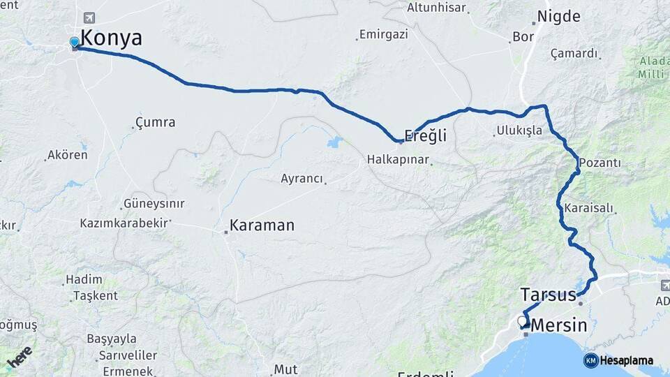 Konya Toroslar Mersin Arası Kaç Km - Yol Haritası