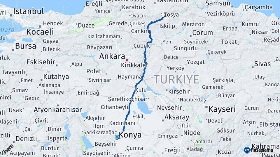 Konya Tosya Kastamonu Arası Kaç Km - Yol Haritası